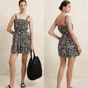 Banana Republic Factory Black Swirl Abstract Drapey Linen-Blend Mini Dress M